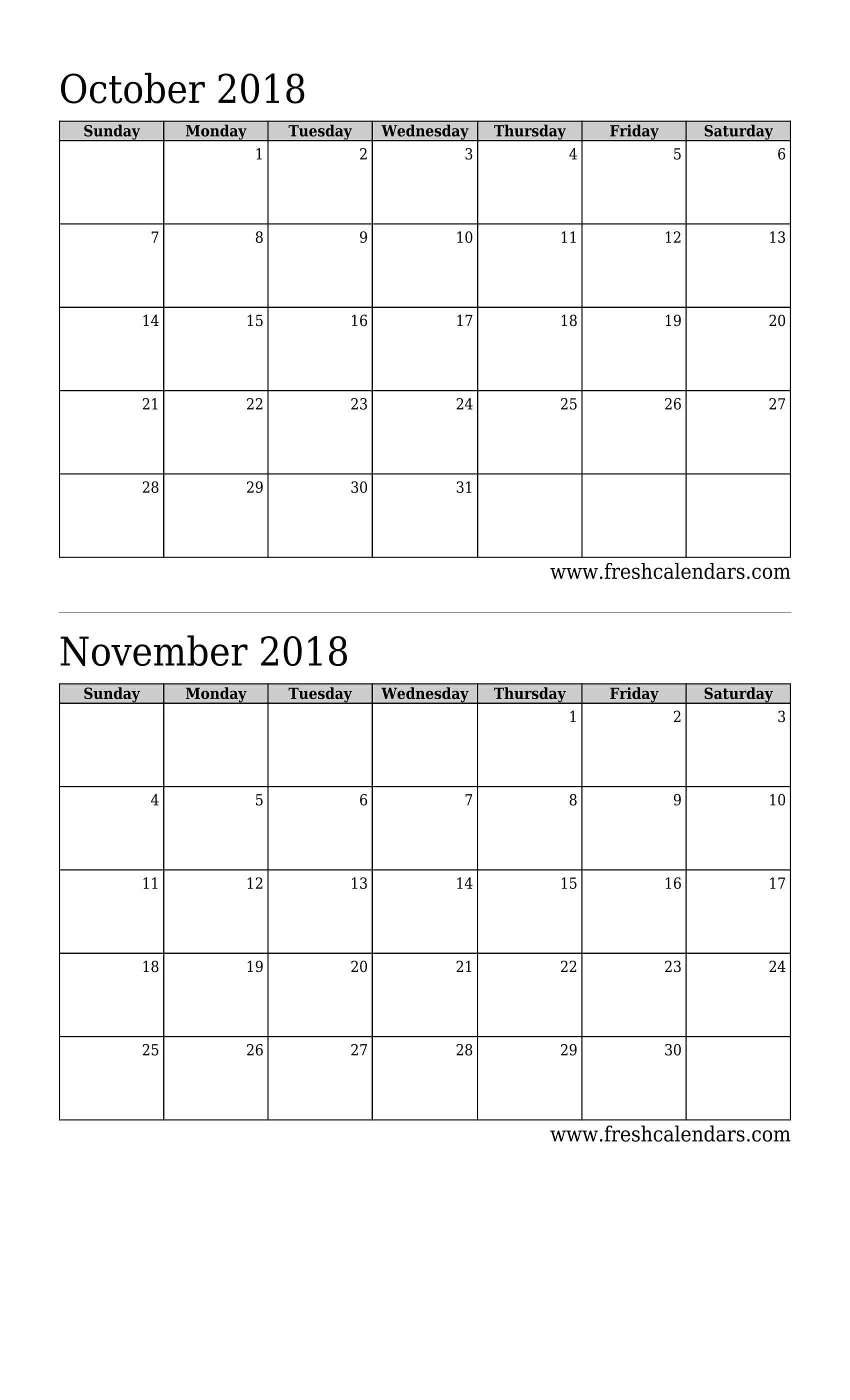 October 2018 Calendar 2 Months Calendar (Basic)