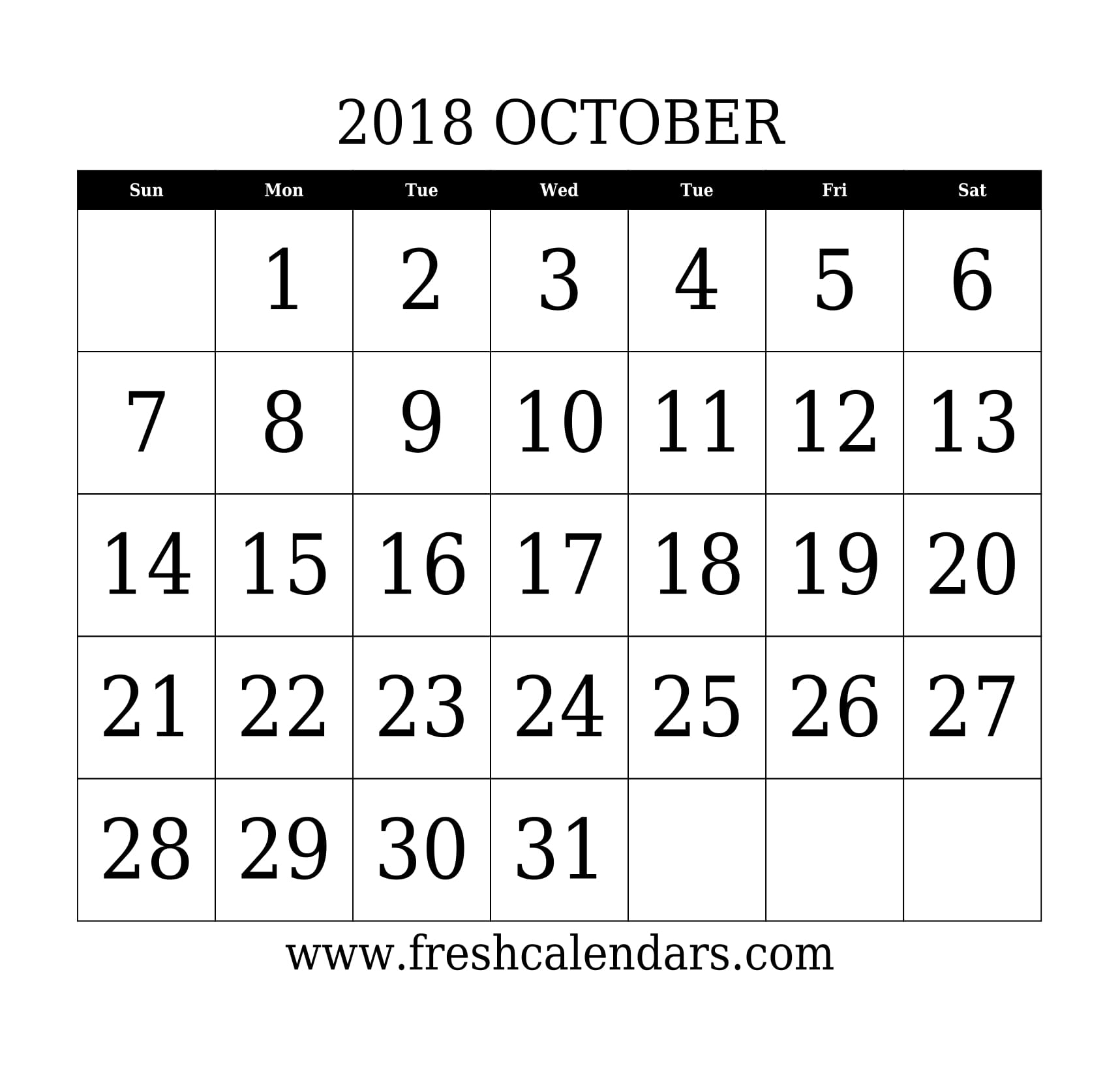 October 2018 Calendar With Large Dates