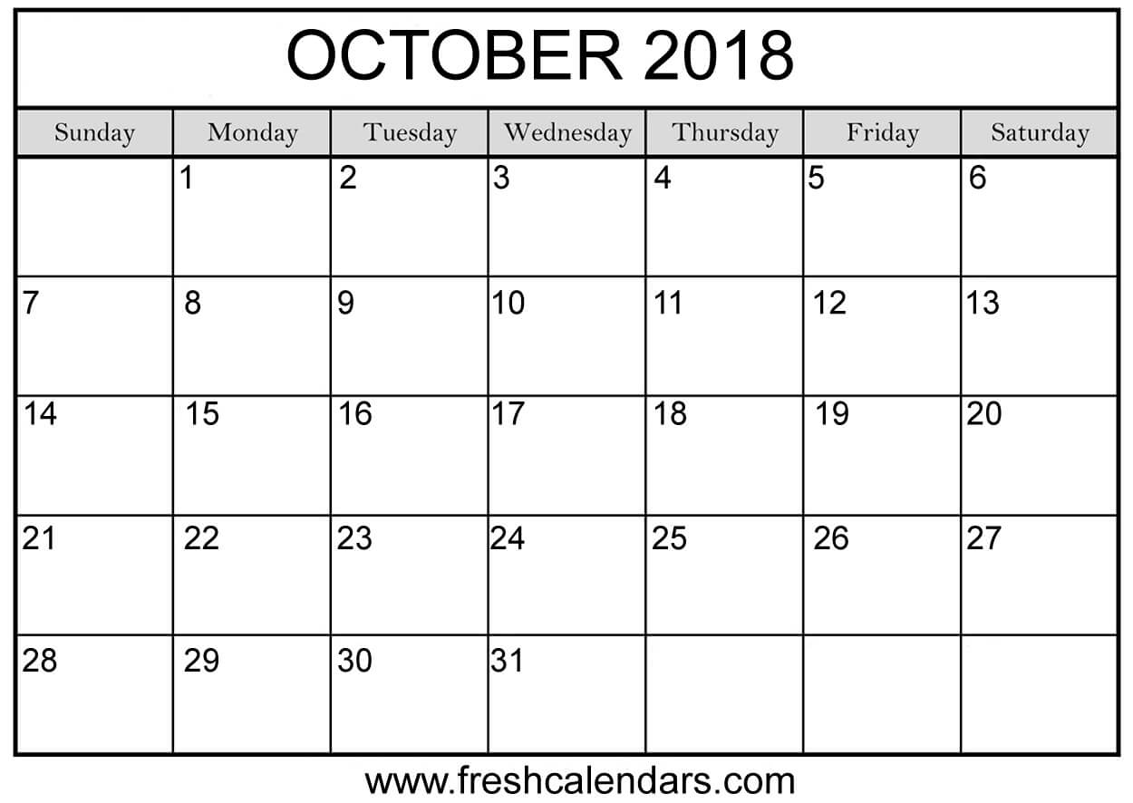 October Basic Calendar of 2018