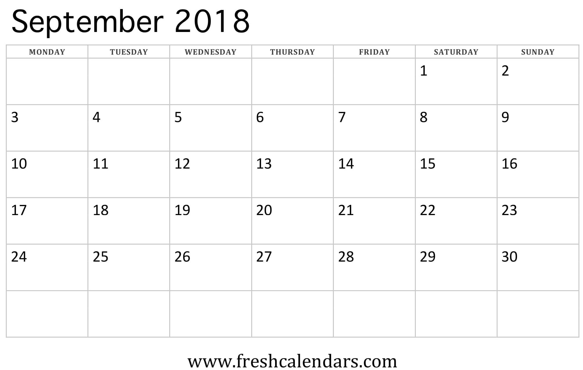 September 2018 Calendar (week starts on monday)