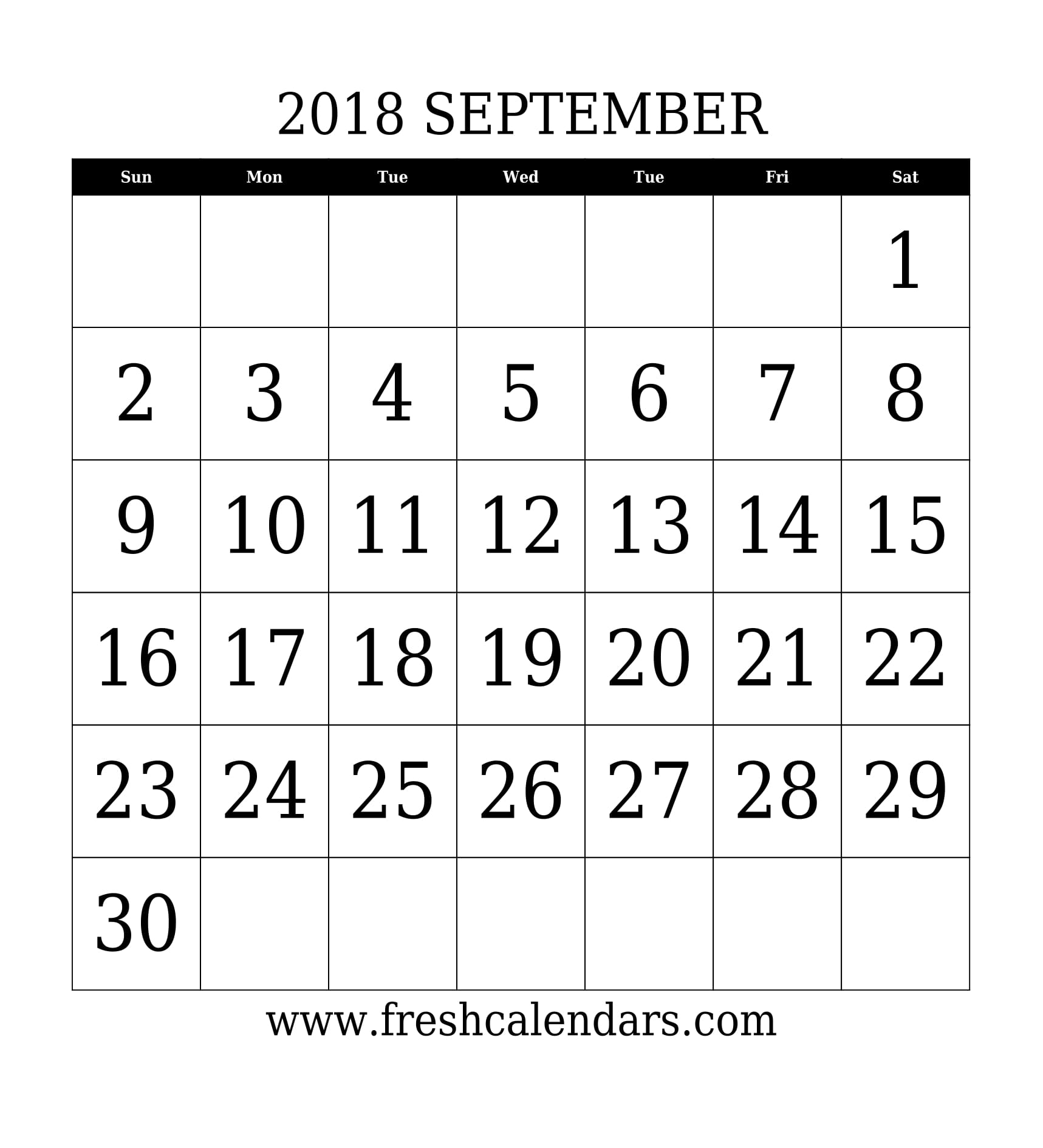 September 2018 Calendar With Large Dates