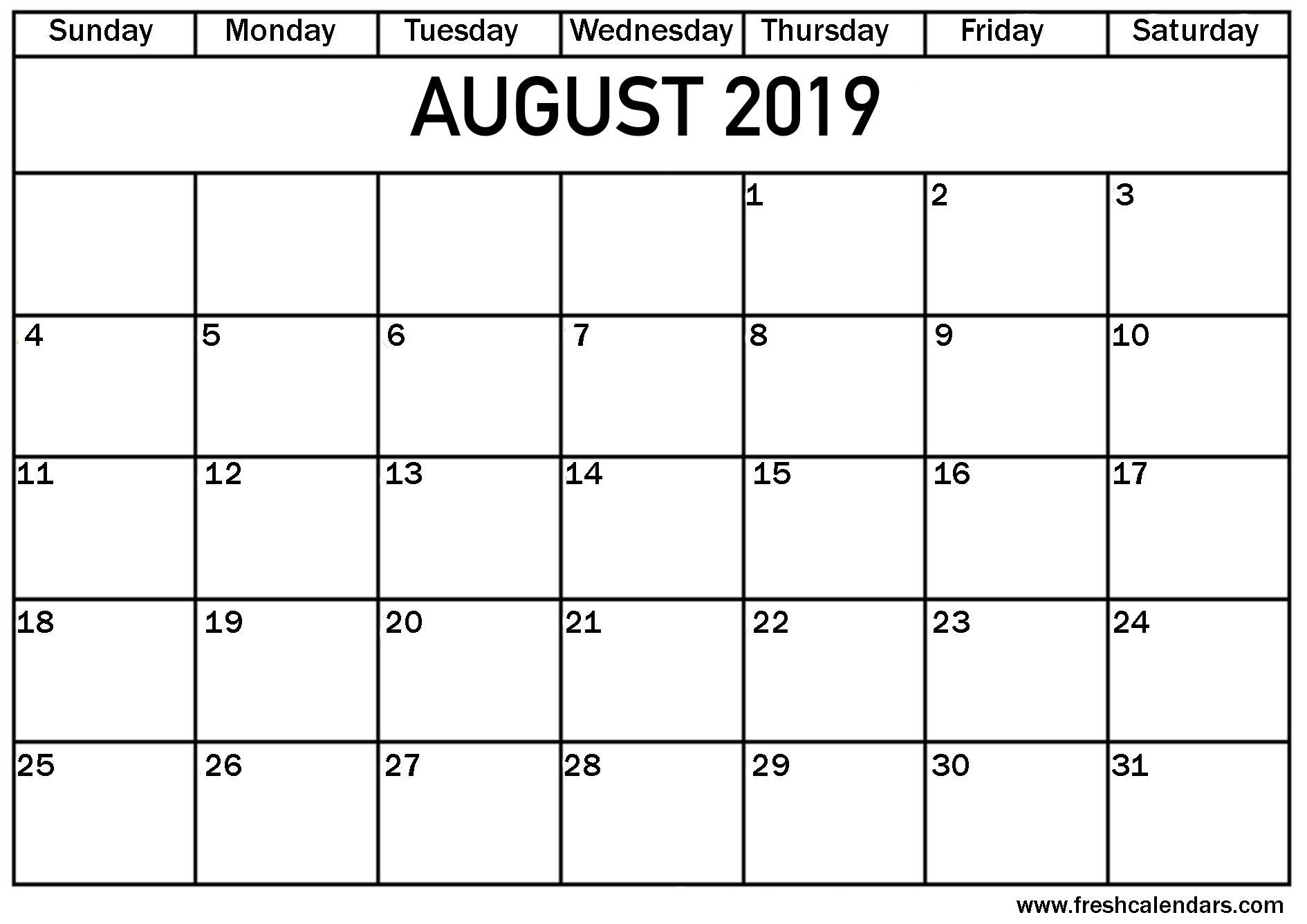Aug 2019 Calendars Printable