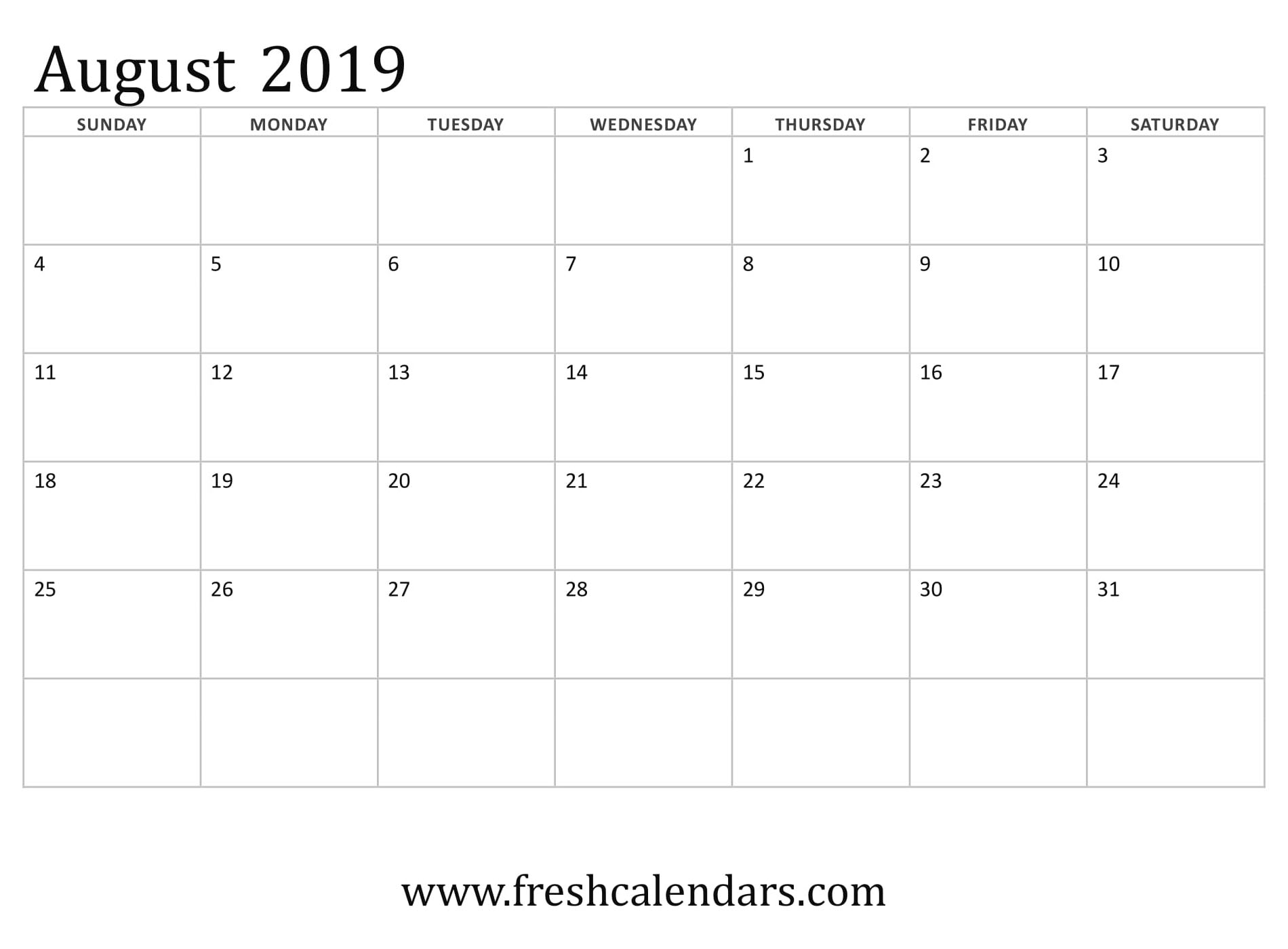 August 2019 Calendar Basic Template