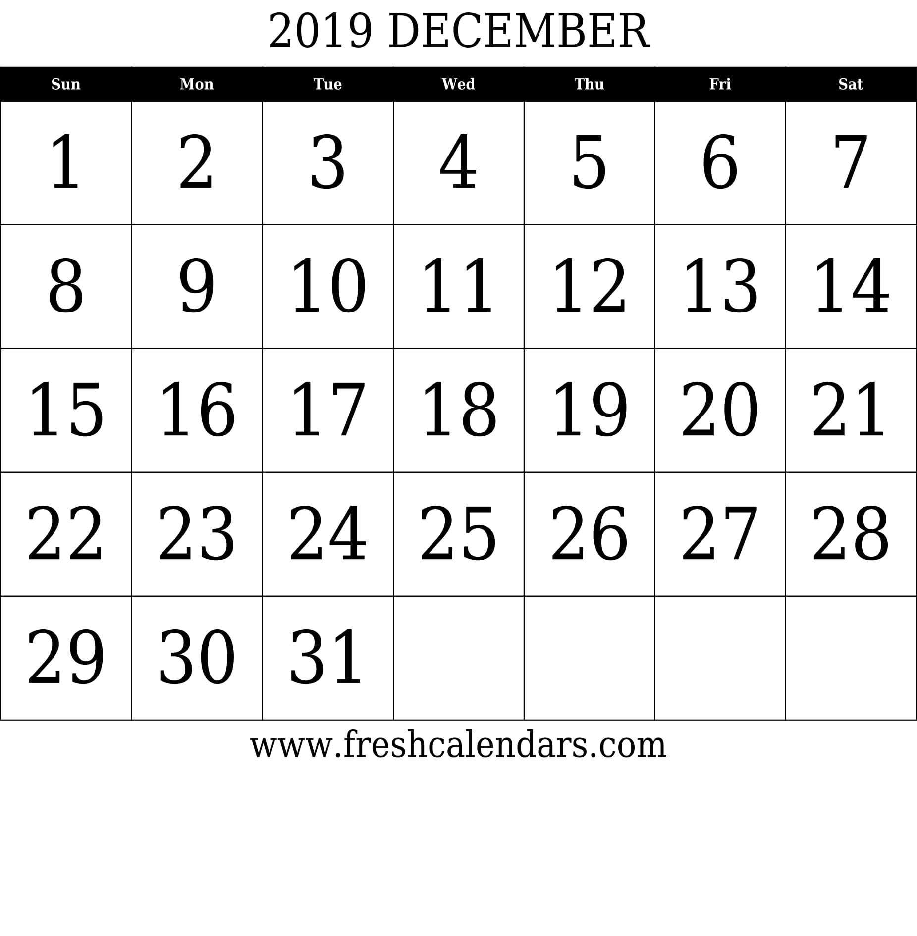 December 2019 Calendar With Large Dates