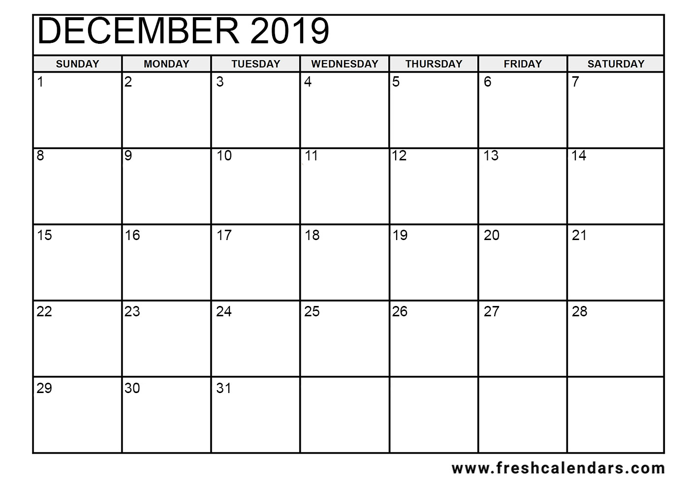 December Printable Calendar 2019