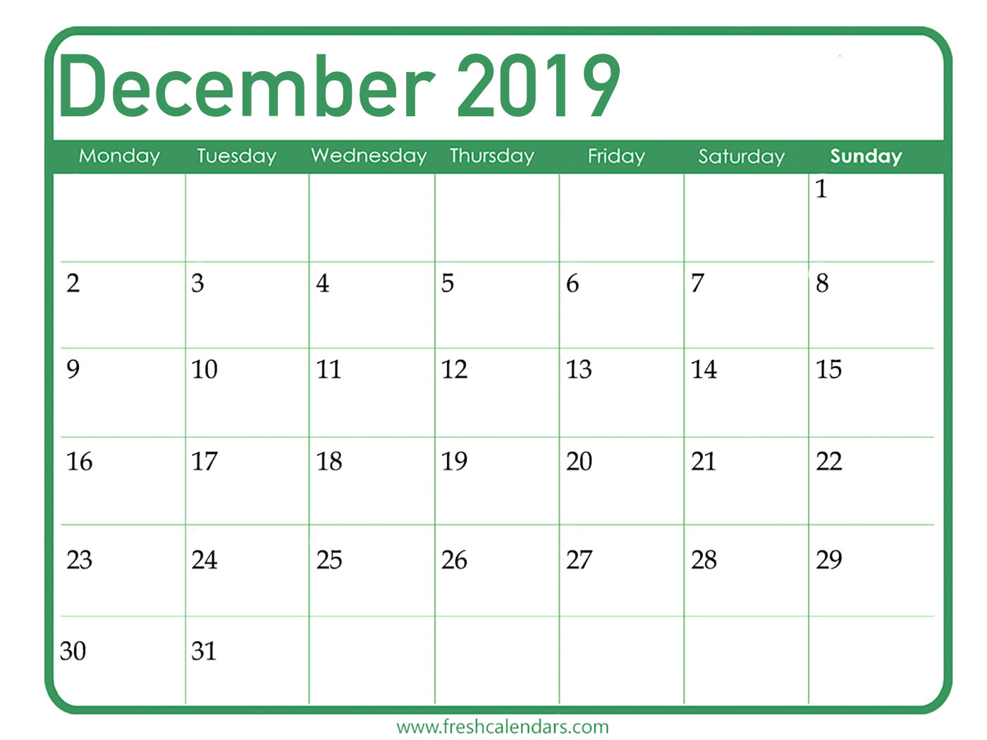 Free Printable December 2019 Calendar