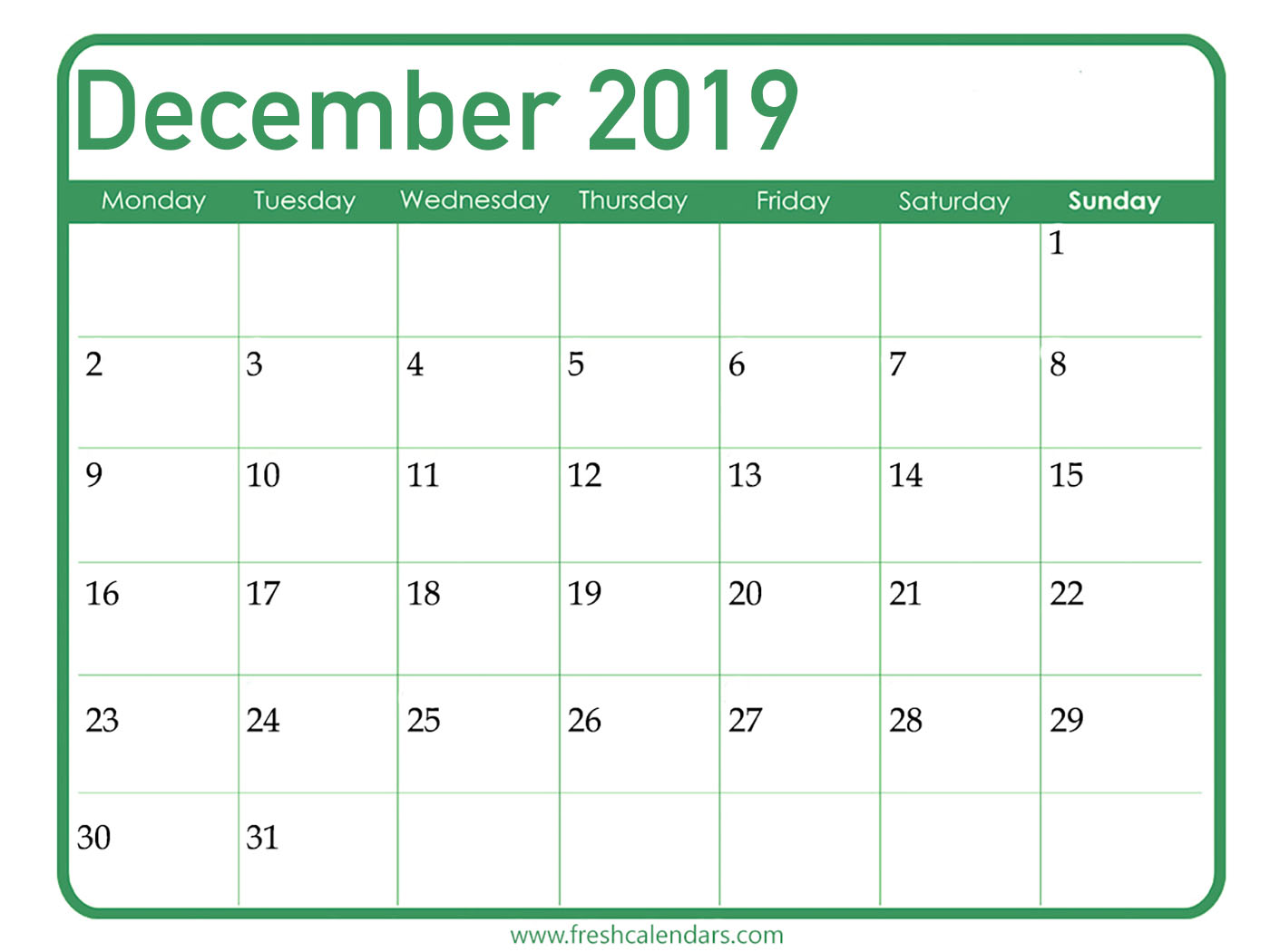 December Printable Monthly Calendar