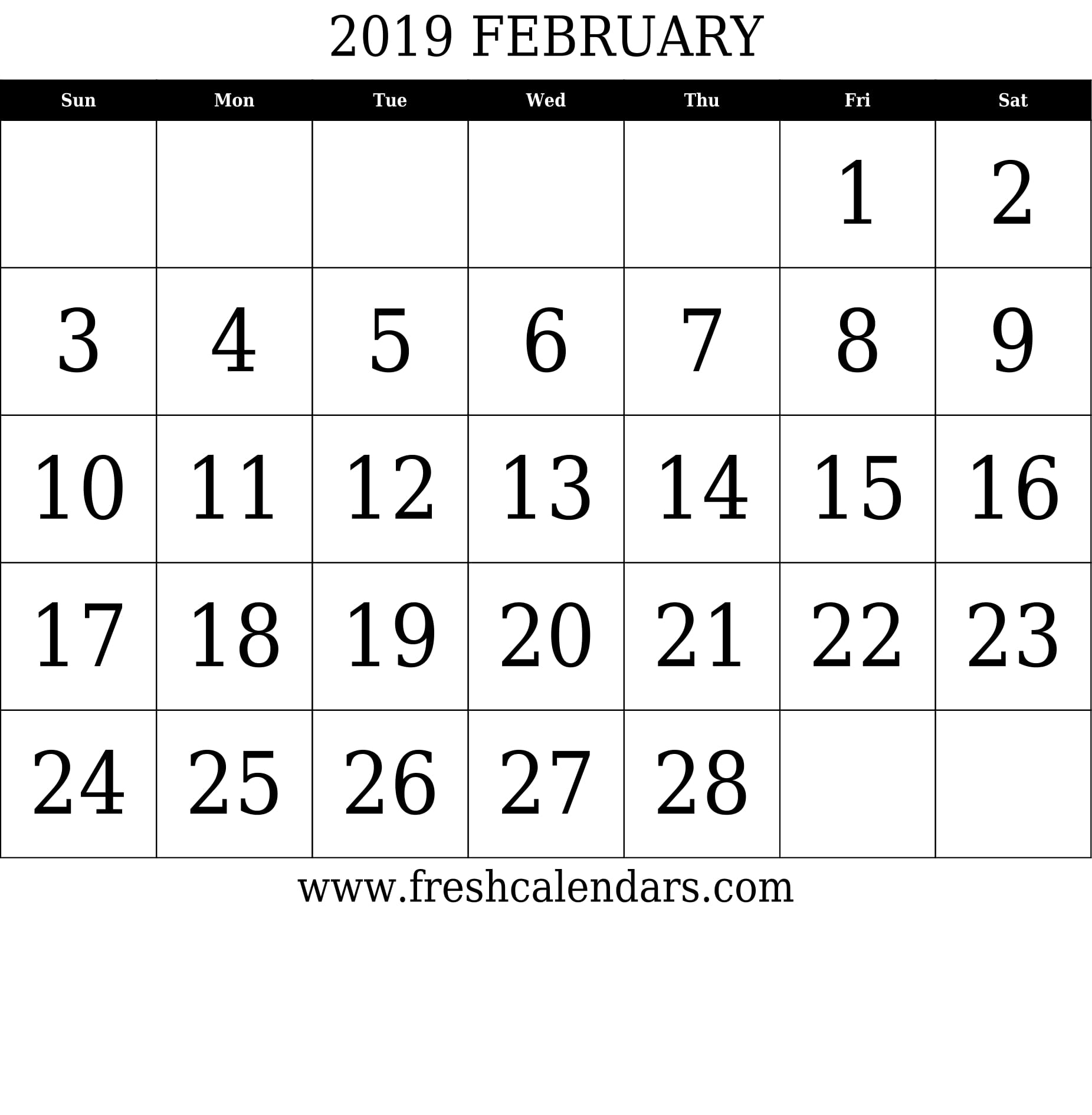 February 2019 Calendar With Large Dates