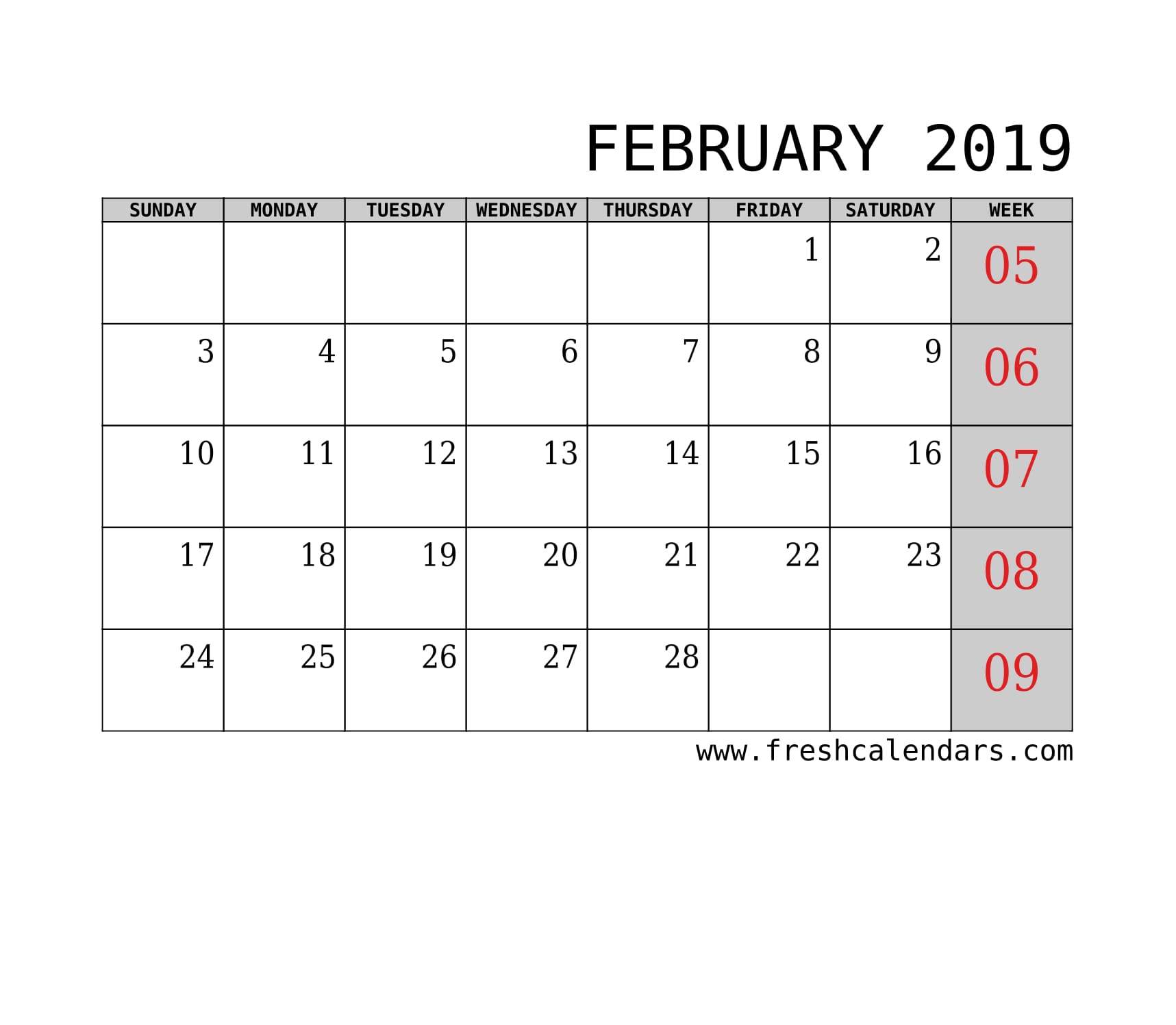 February 2019 Calendar With Week Template Printable
