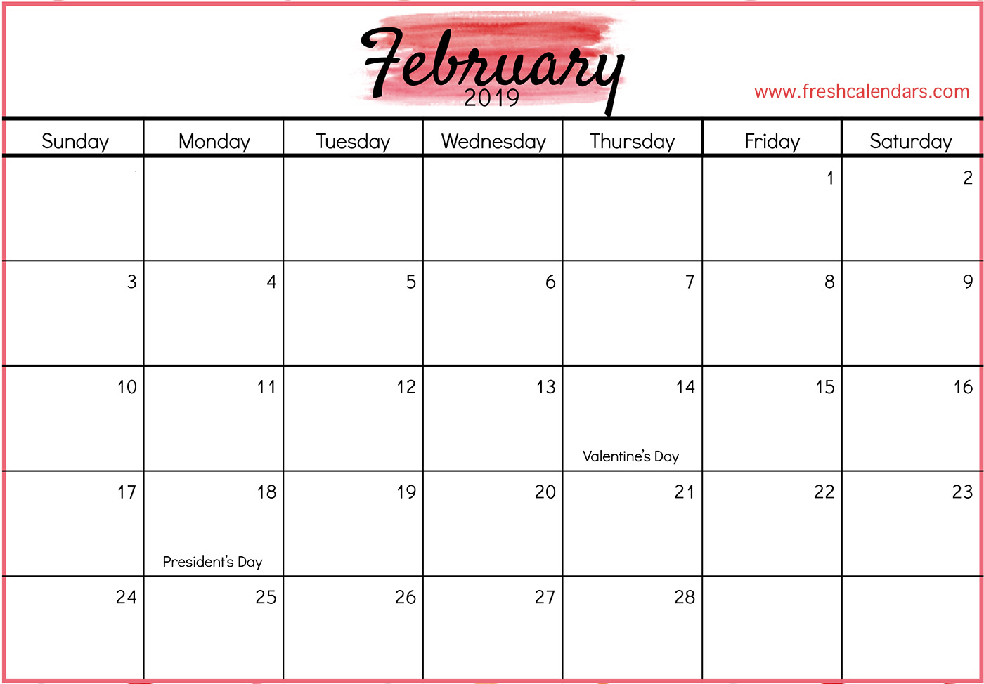 February 2019 Calendar with Holidays (Red)