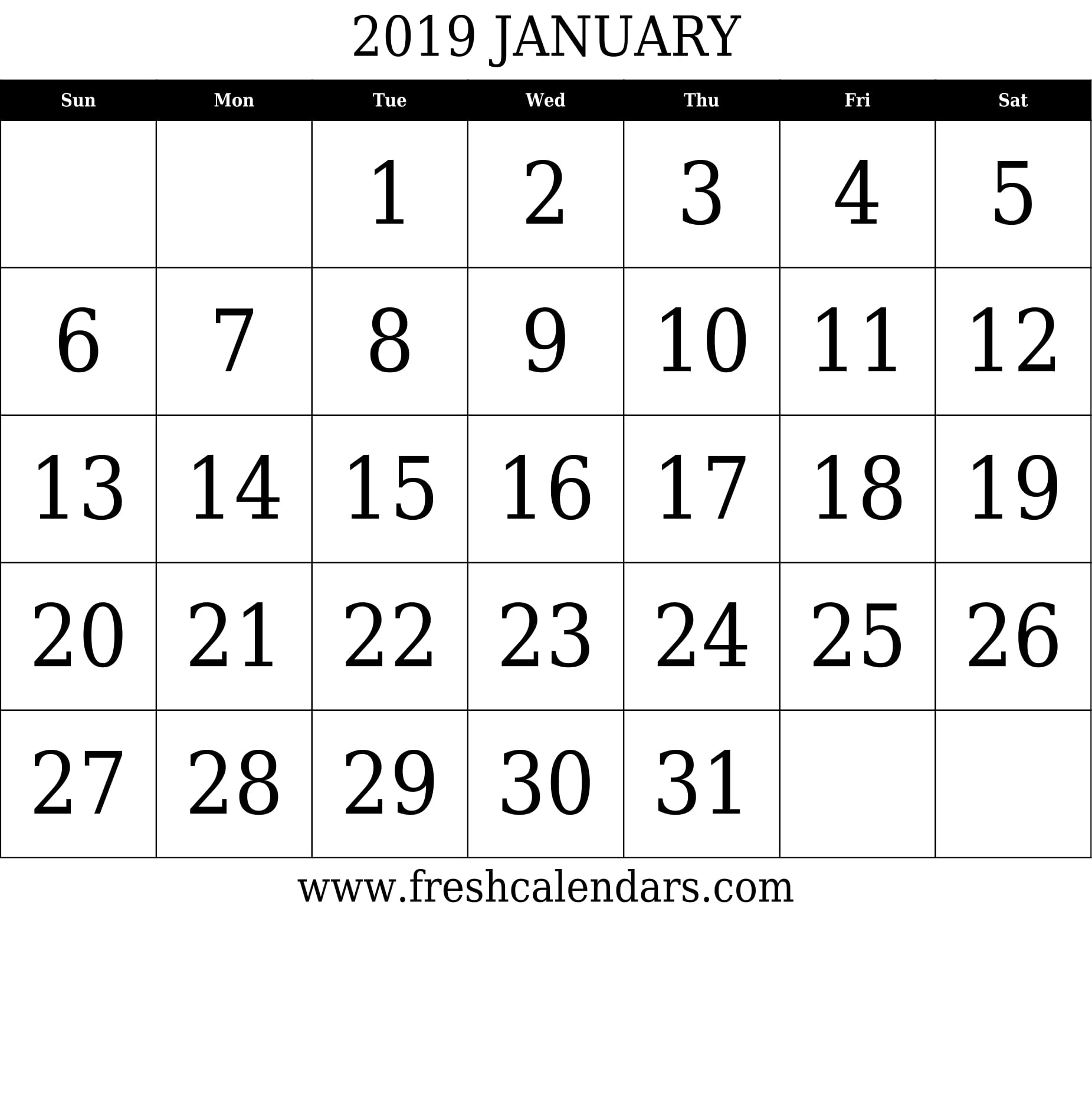 January 2019 Calendar With Large Dates