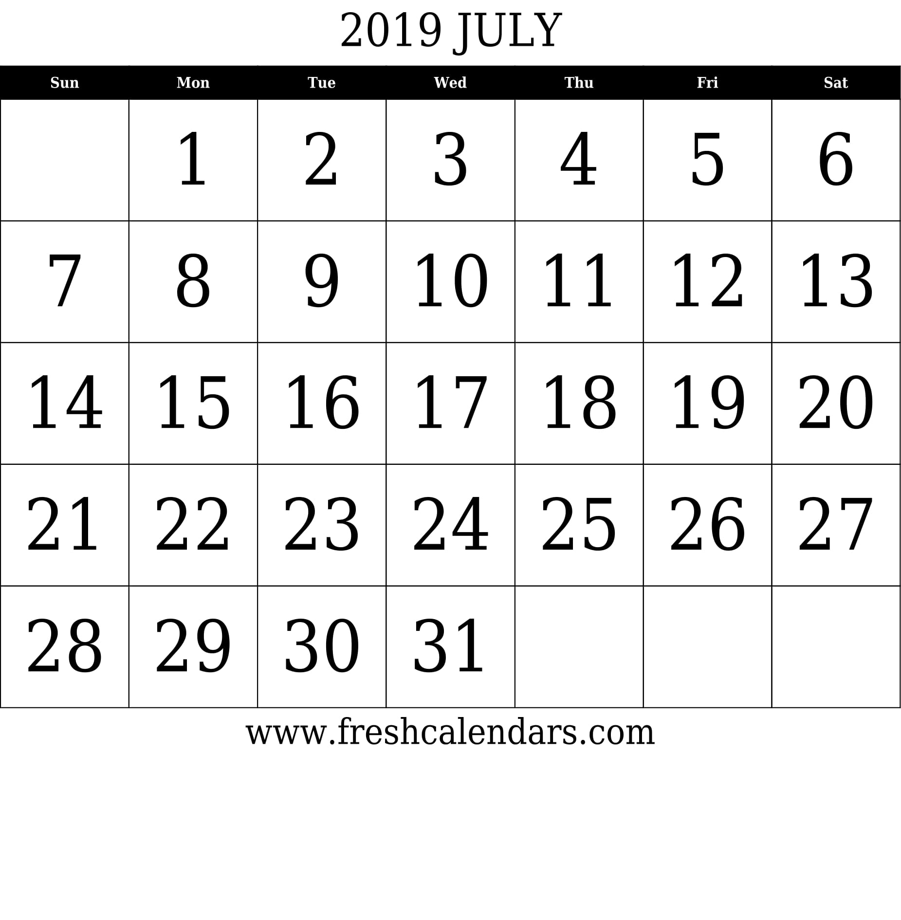 July 2019 Calendar With Large Dates