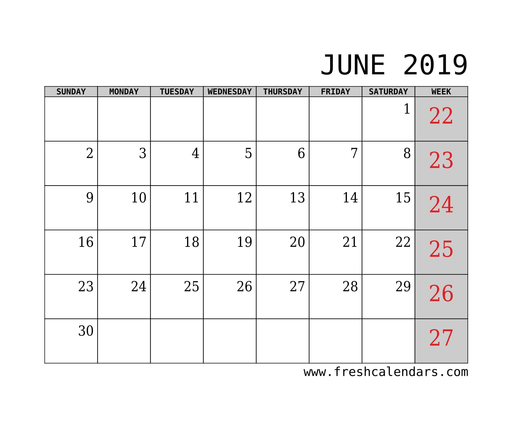 June 2019 Calendar With Week Template Printable