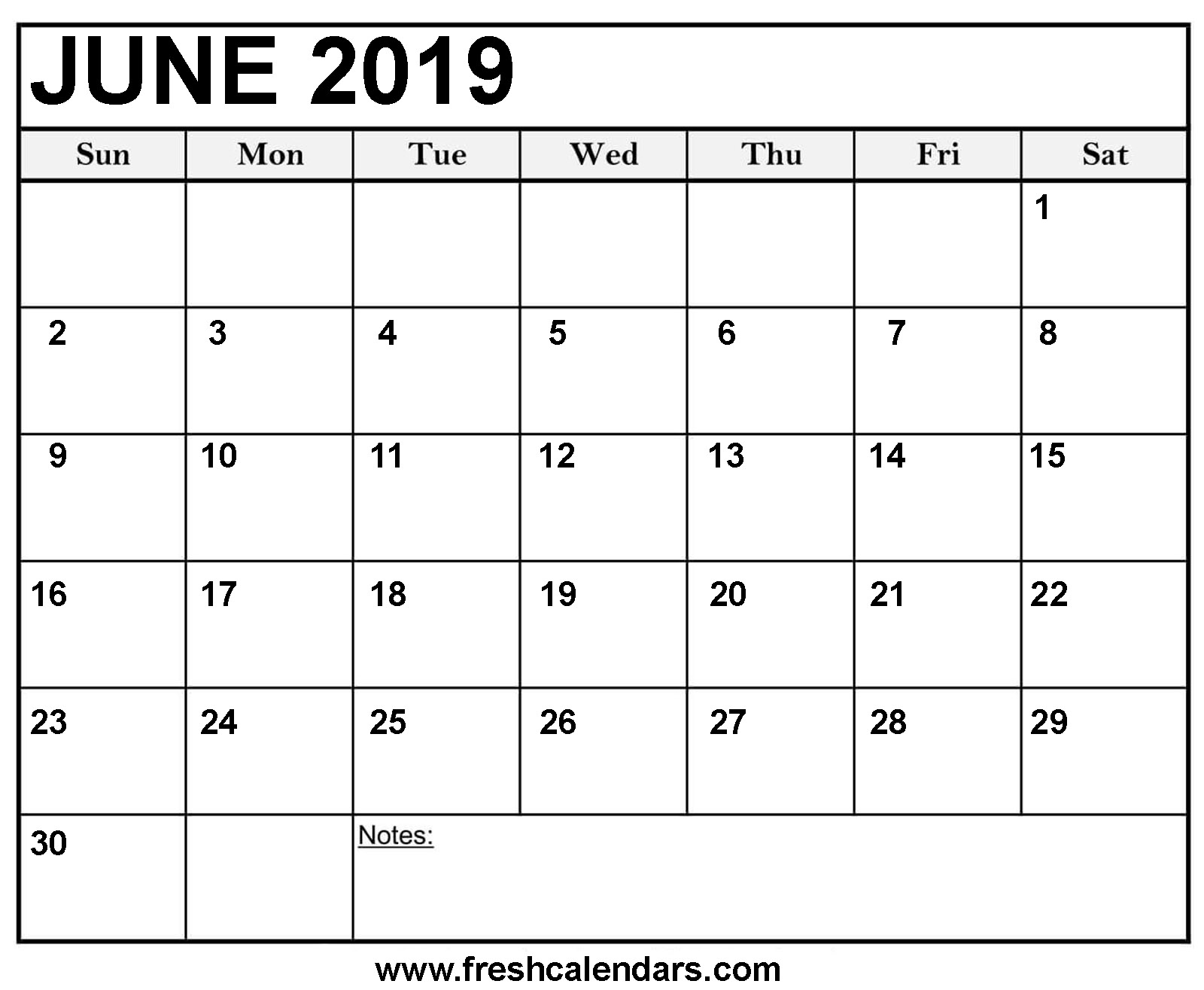 June 2019 Calendar with Note Spaces