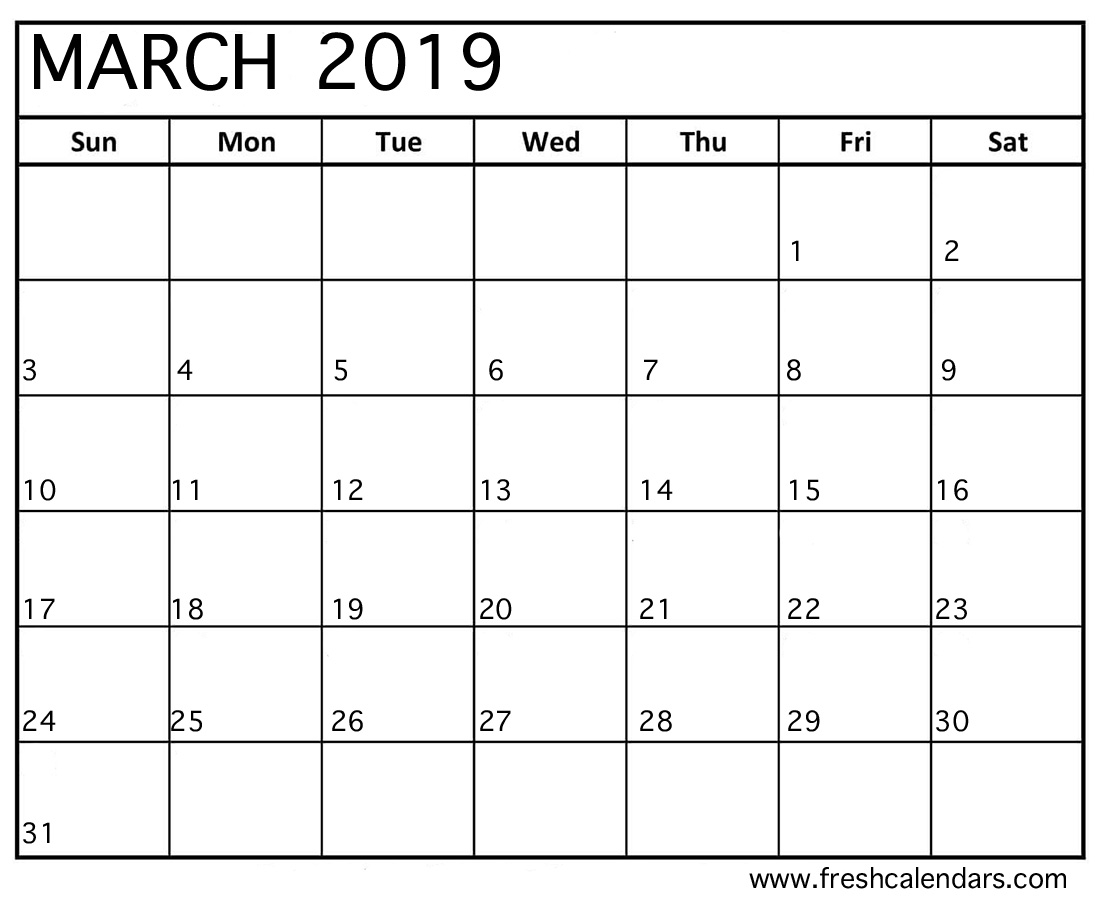 Calendar of March 2019