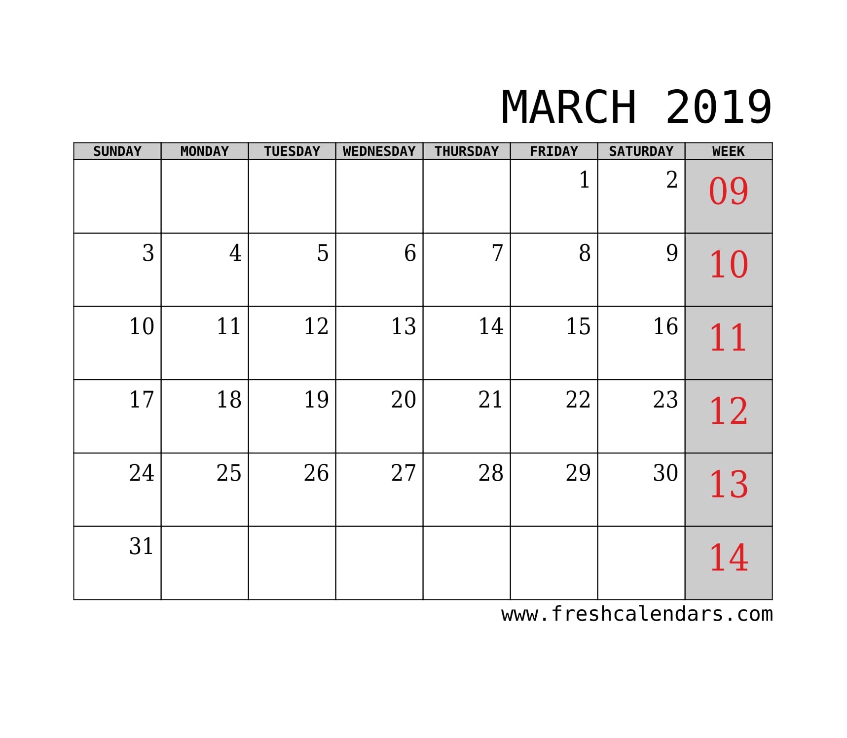 March 2019 Calendar With Week Template Printable