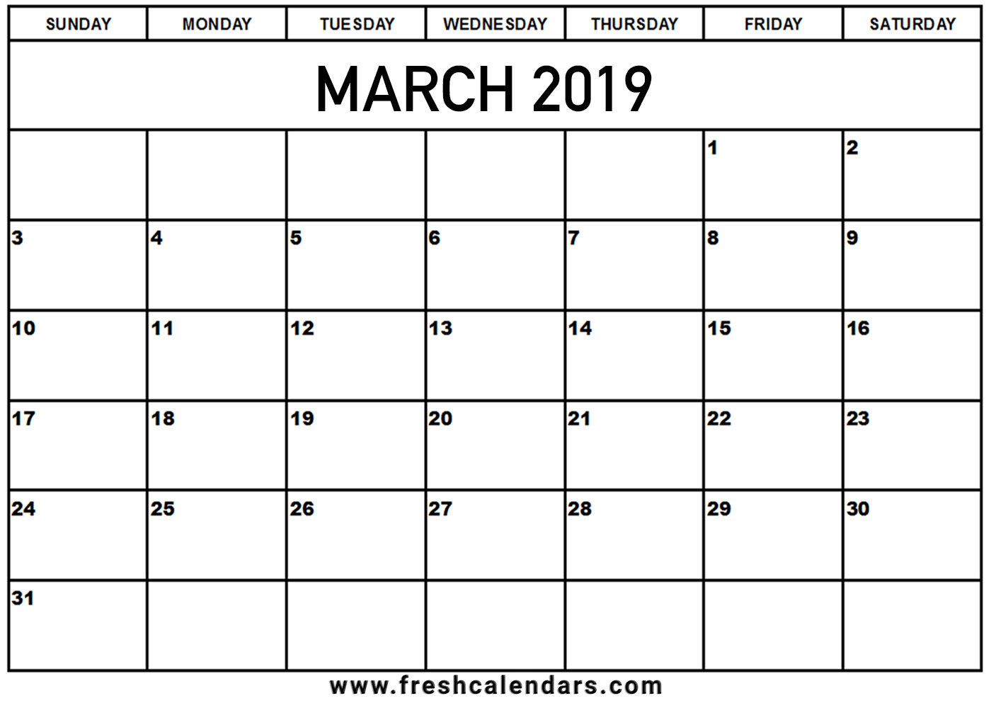 March Calendar 2019 Printable Template