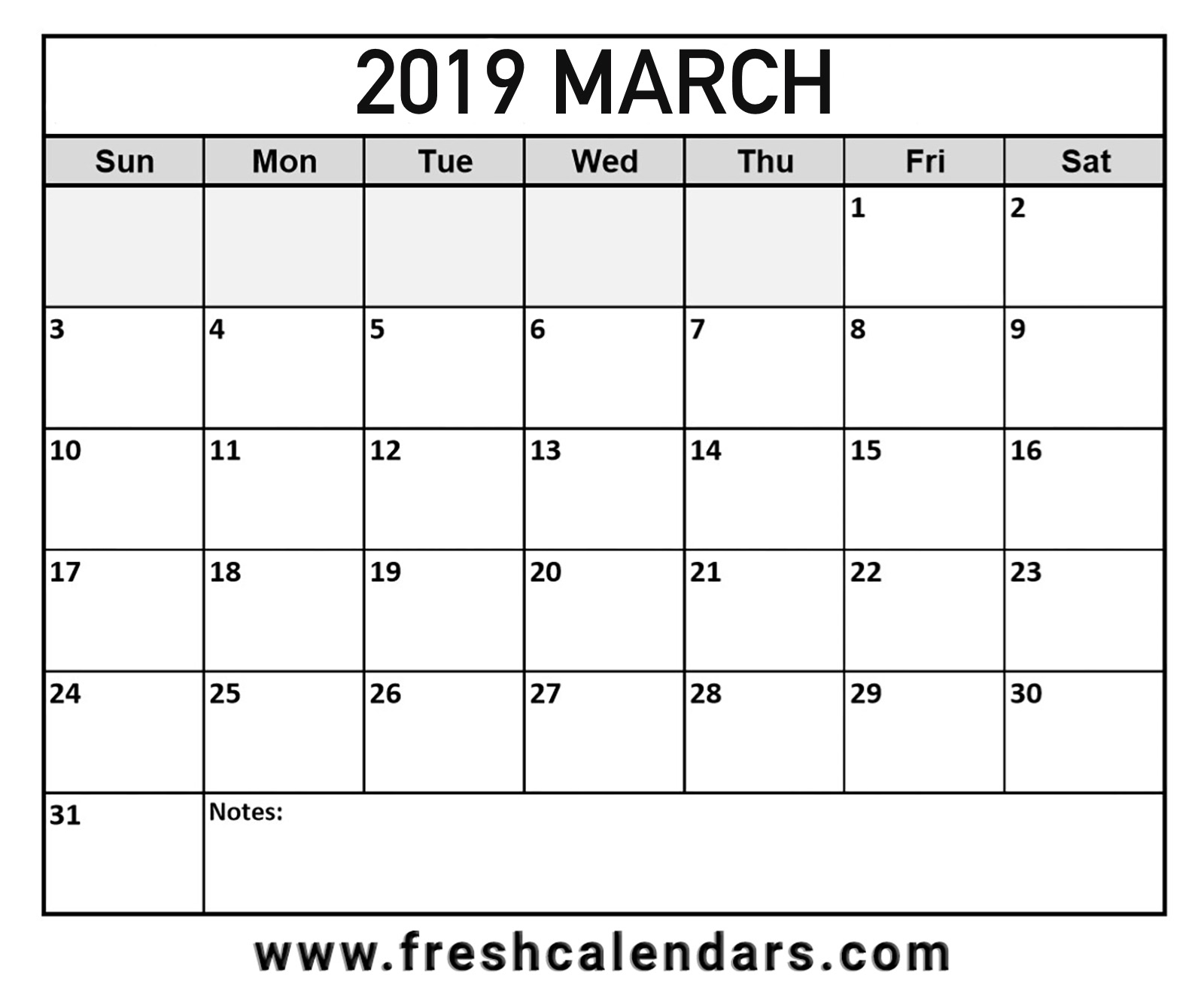 March Calendar 2019 with Notes Space