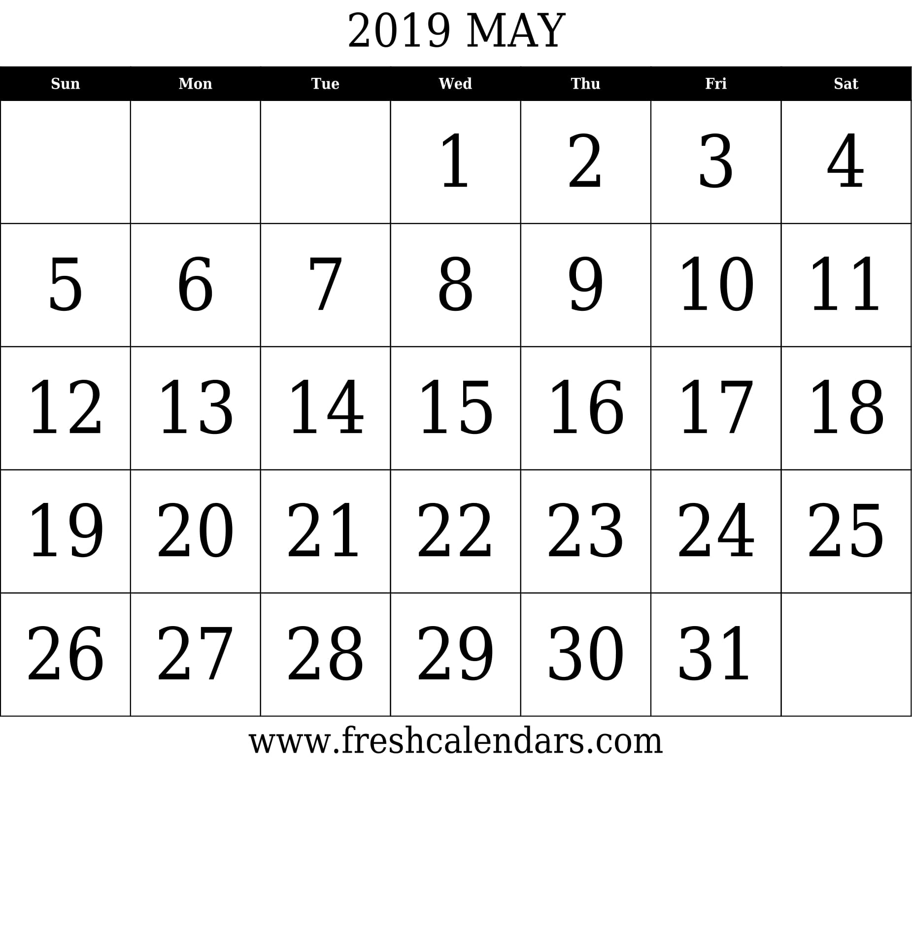 May 2019 Calendar With Large Dates