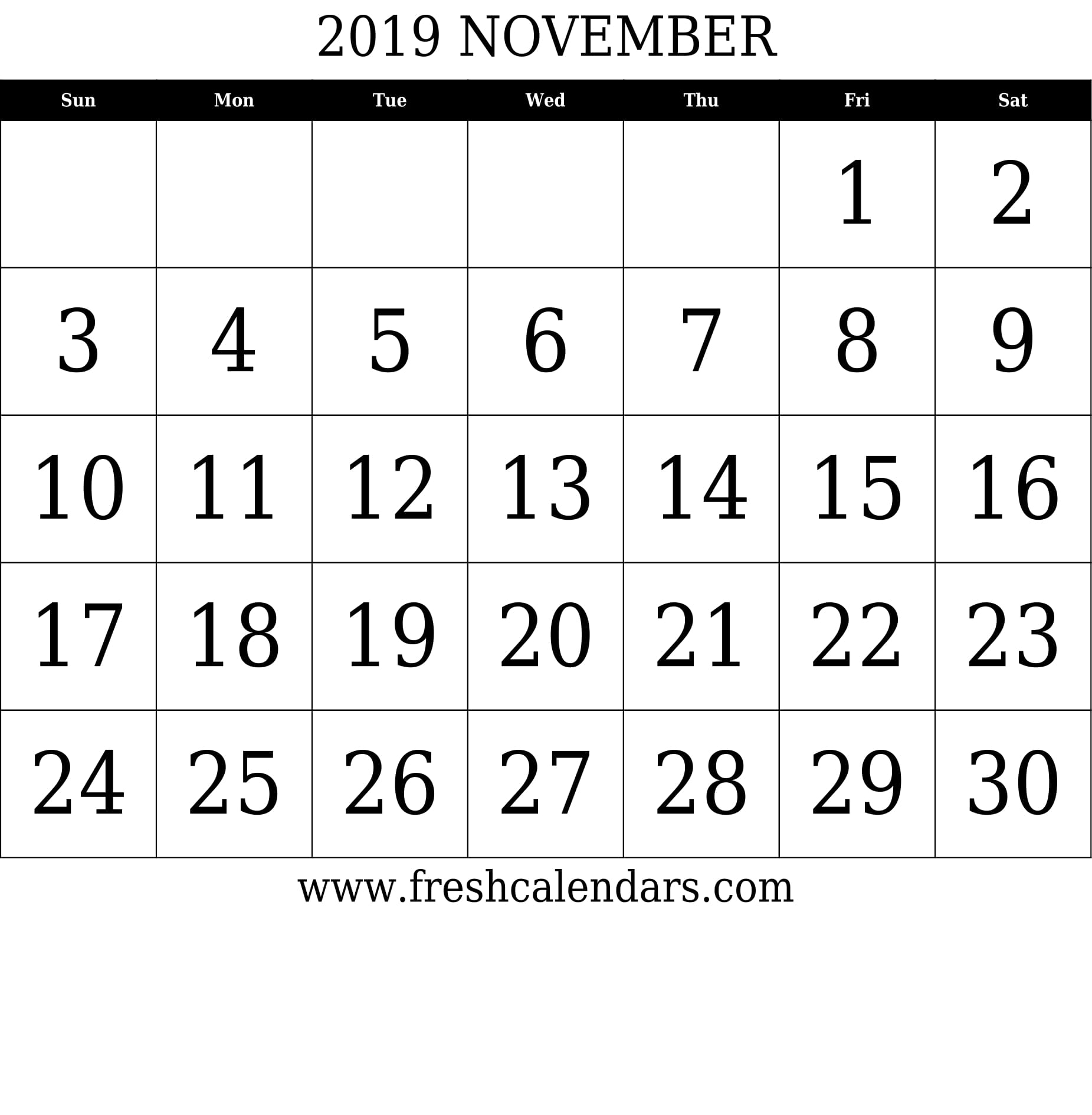 November 2019 Calendar With Large Dates