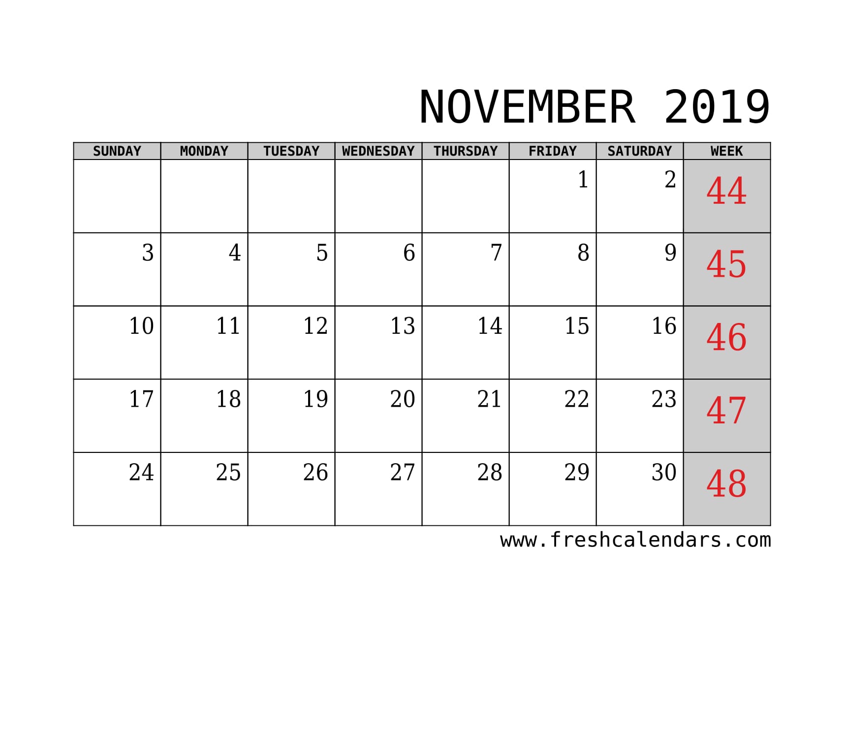November 2019 Calendar With Week Template Printable