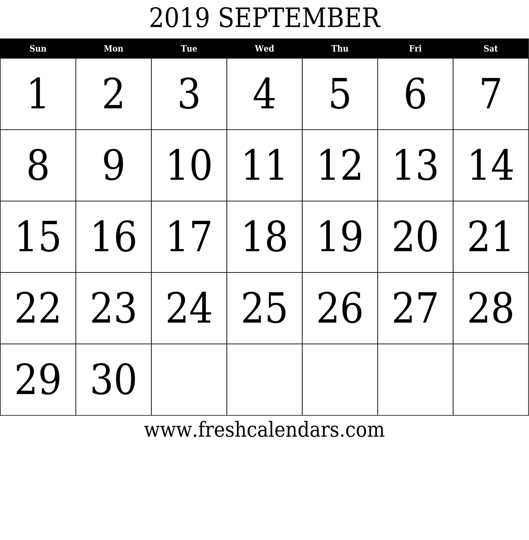 September 2019 Calendar With Large Dates