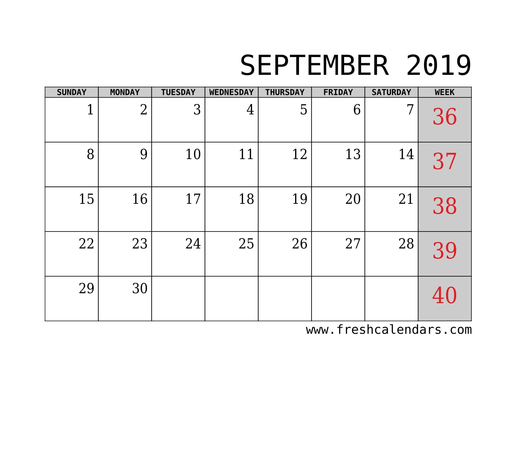 September 2019 Calendar With Week Template Printable