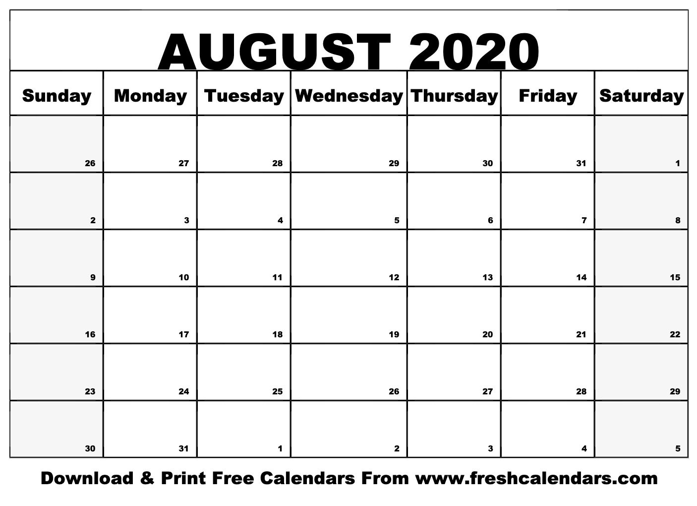 Free Printable August 2020 Calendars