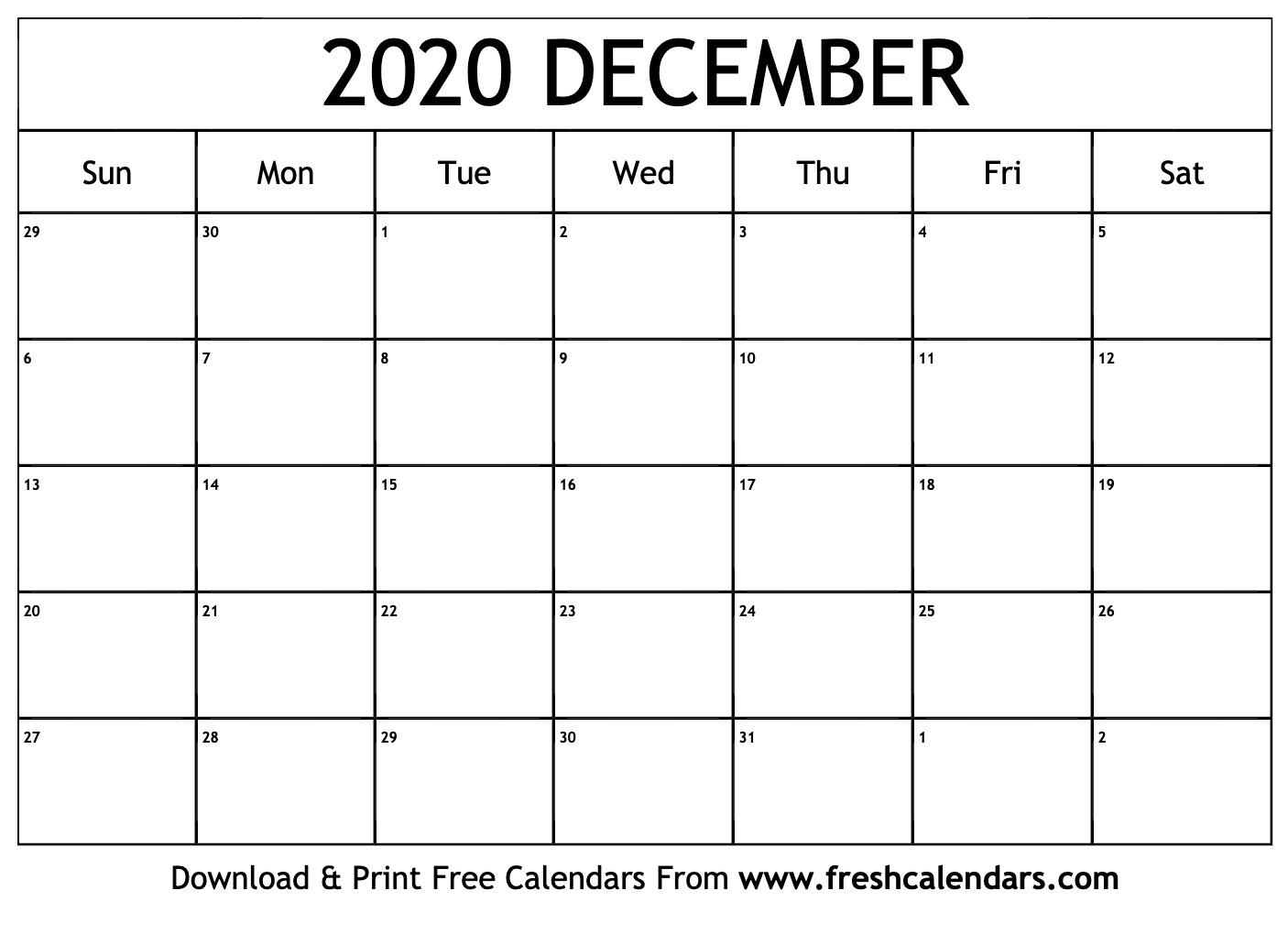 Free Printable December 2020 Calendars