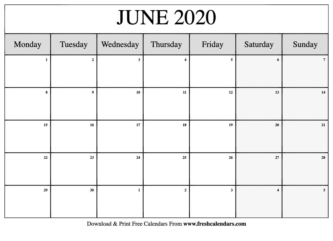 Free Printable June 2020 Calendars