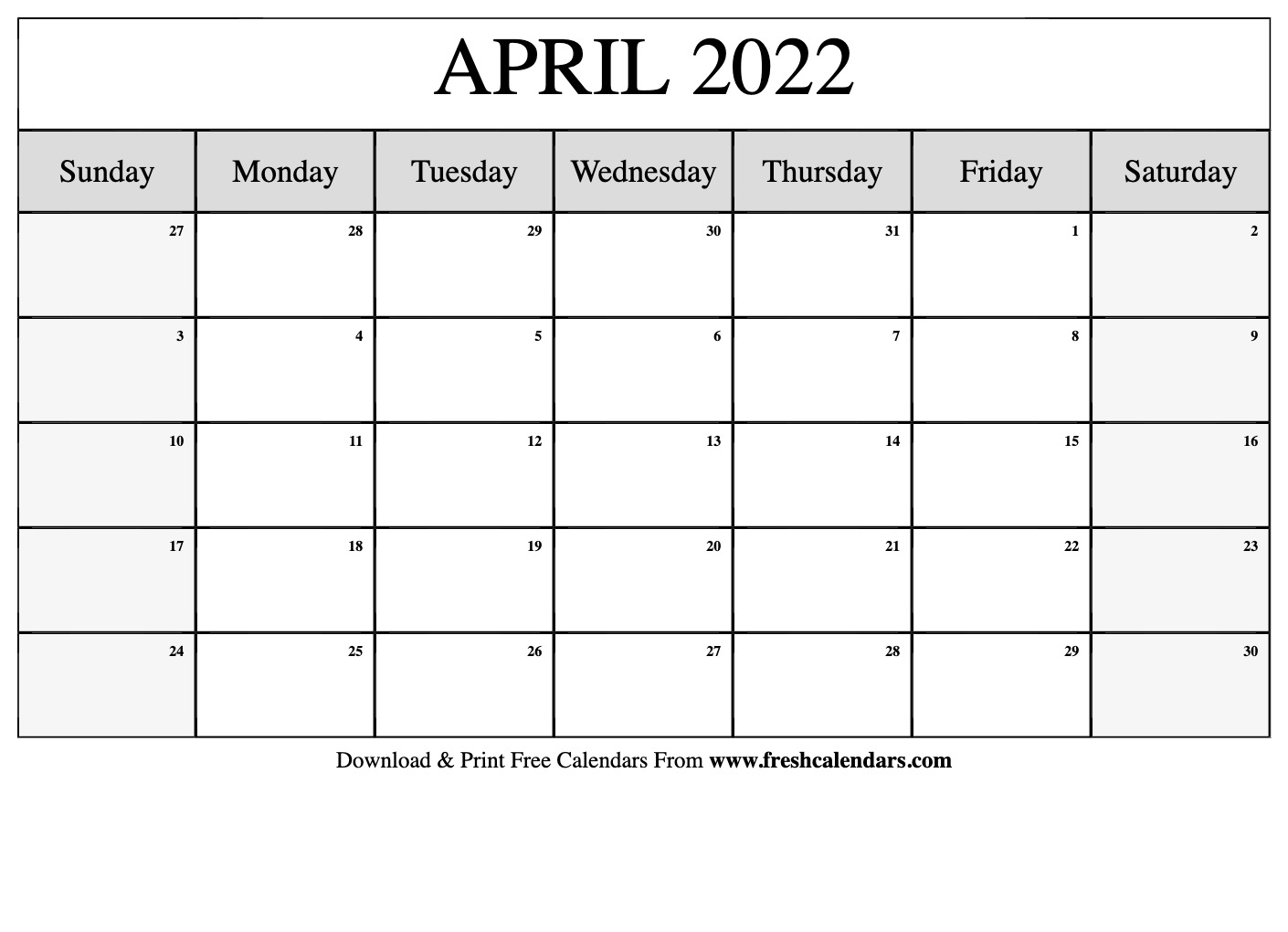 Blank Printable April Calendar Printable World Holiday