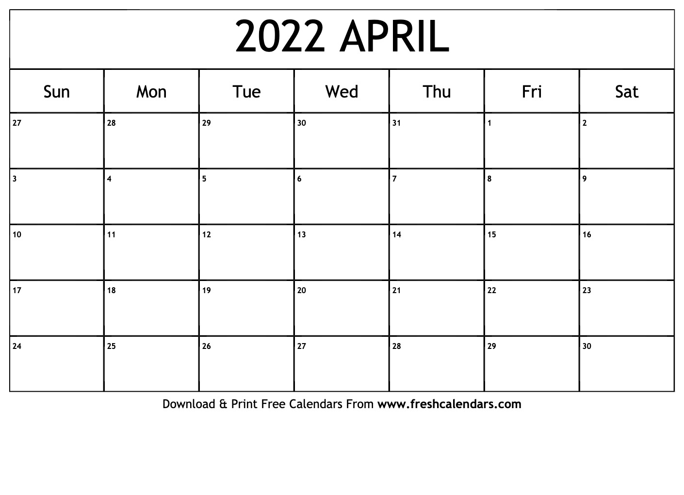 Blank Printable April 2022 Calendars