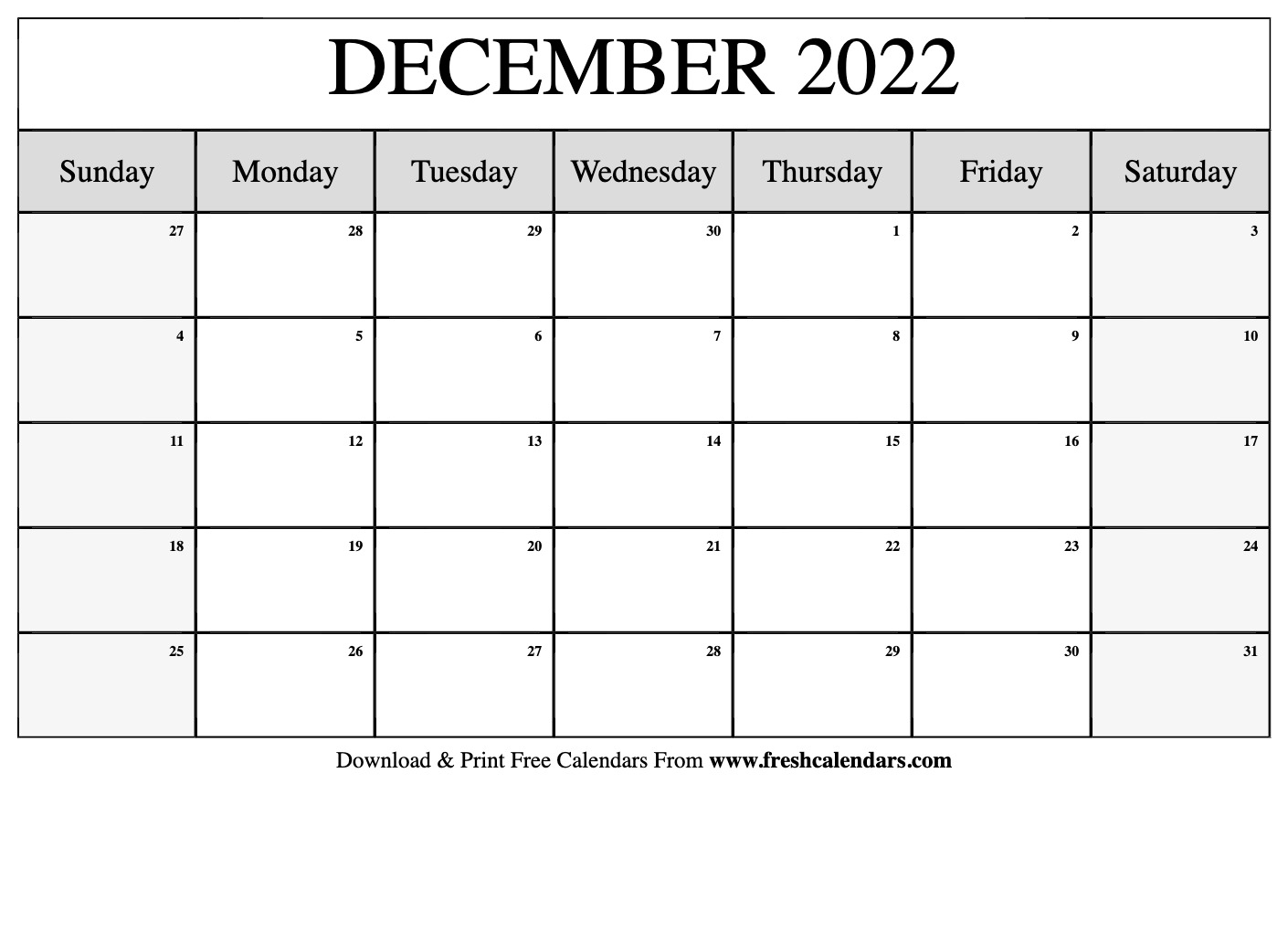 Free Printable Monthly Calendar 2022 December