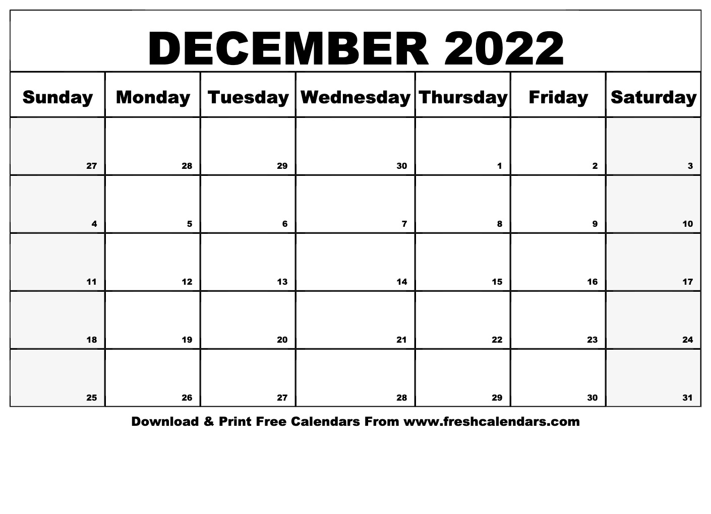 December 2022 Calendar Printable Fillable