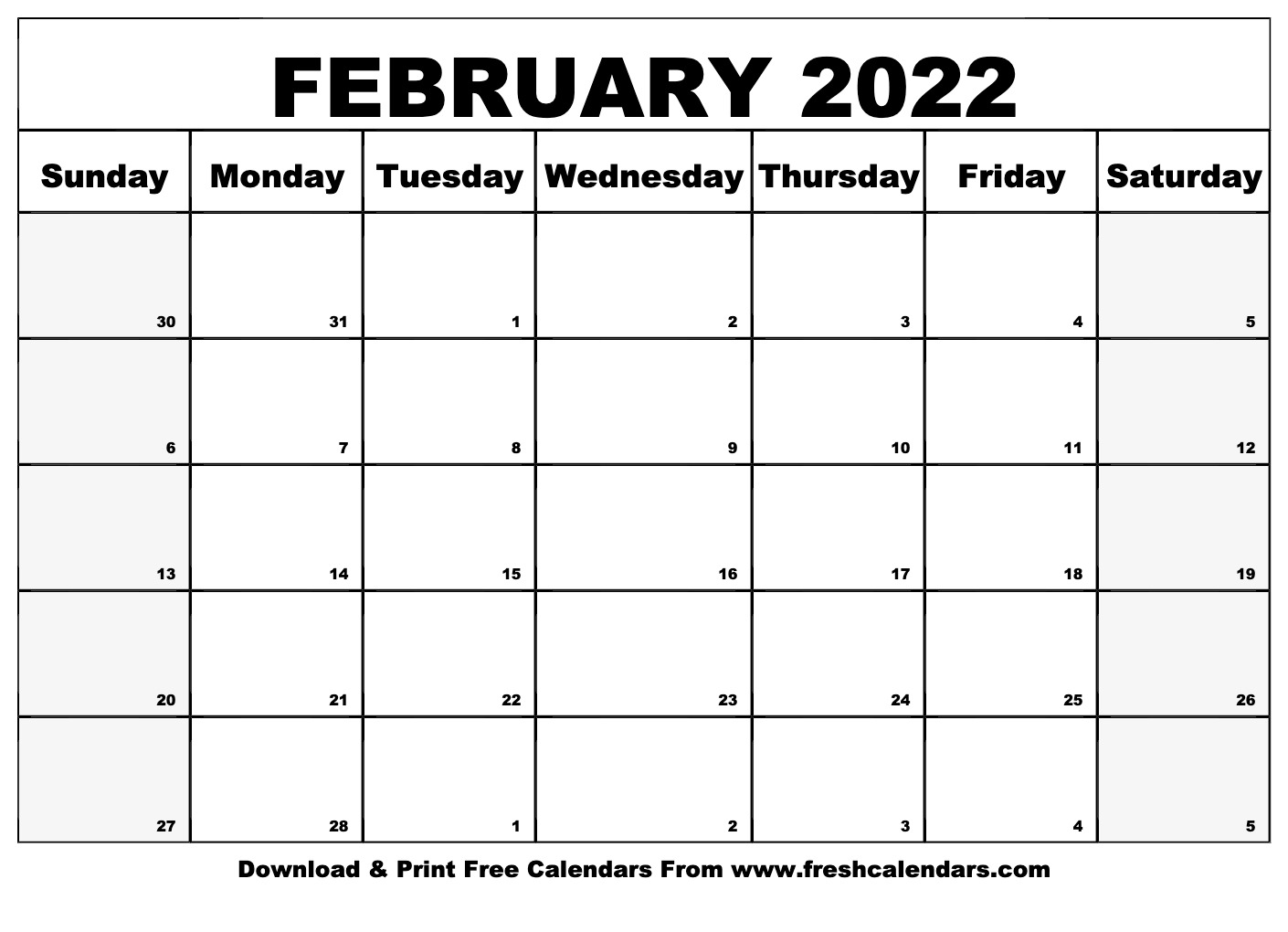 Blank Printable February 2022 Calendars - Gambaran
