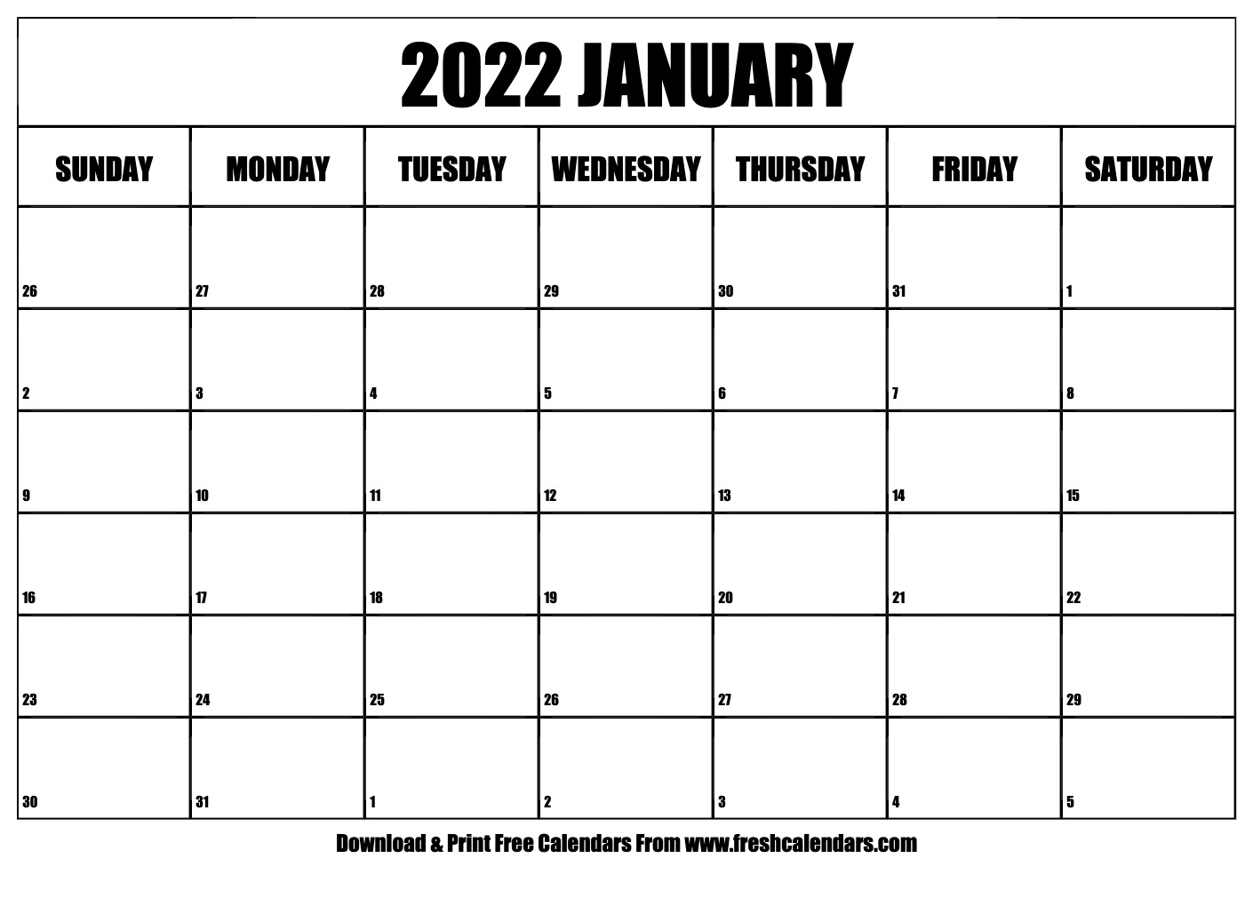 Blank Printable January 2022 Calendars