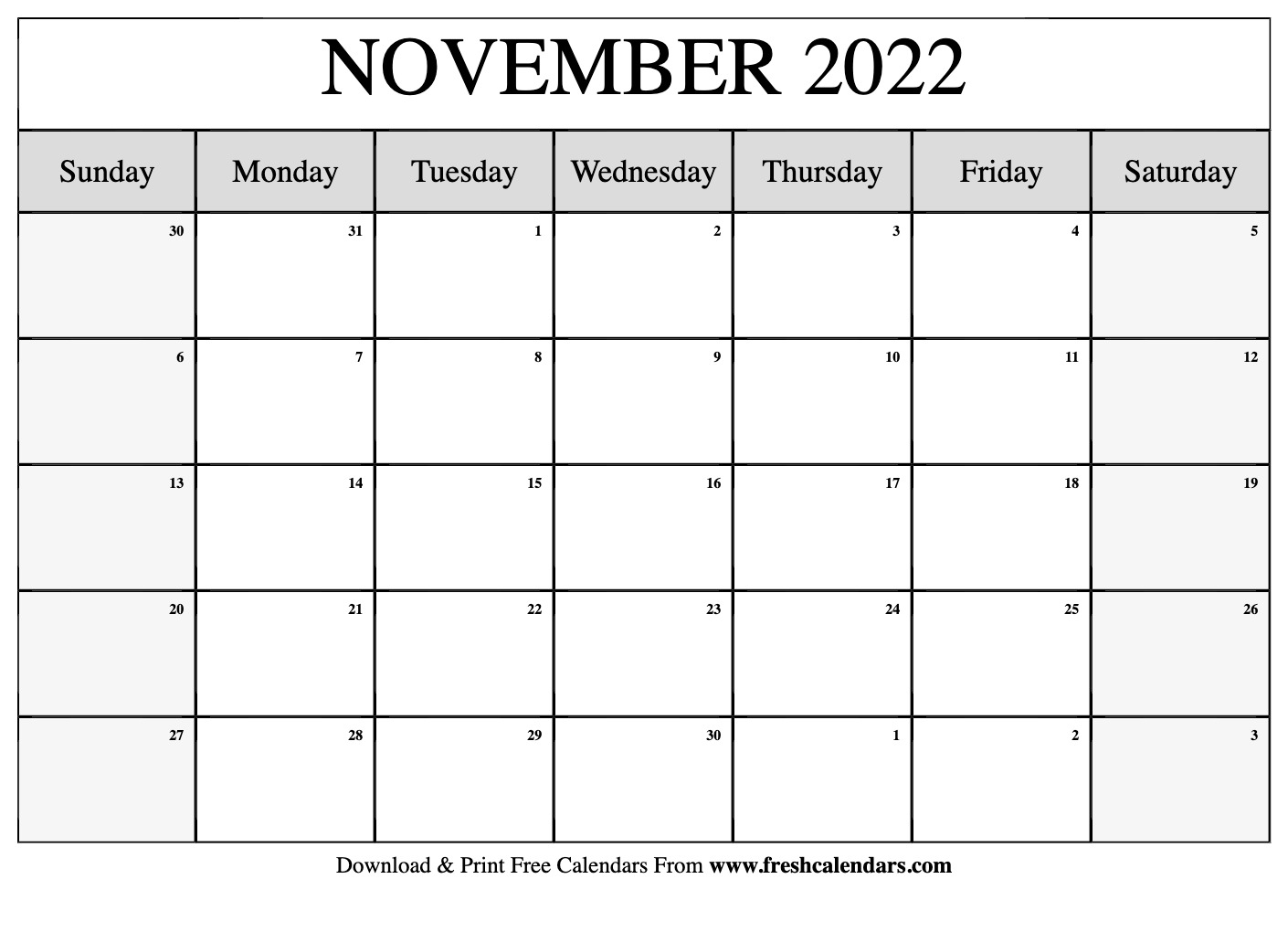 Blank Printable November 2022 Calendars