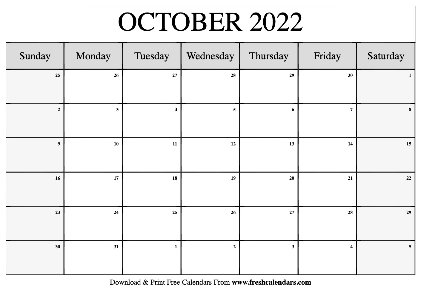 Blank Printable October 2022 Calendars