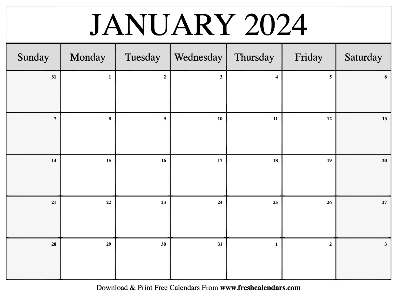 Blank Printable January 2024 Calendars