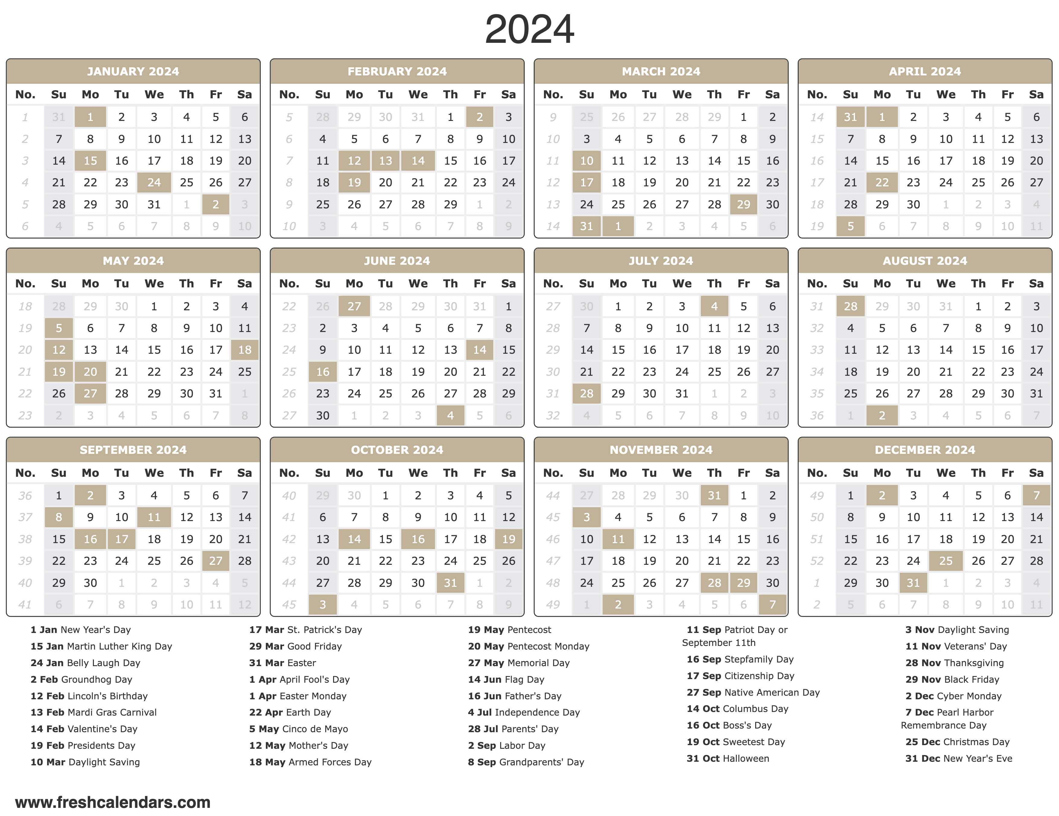 2024 Calendar With Holidays