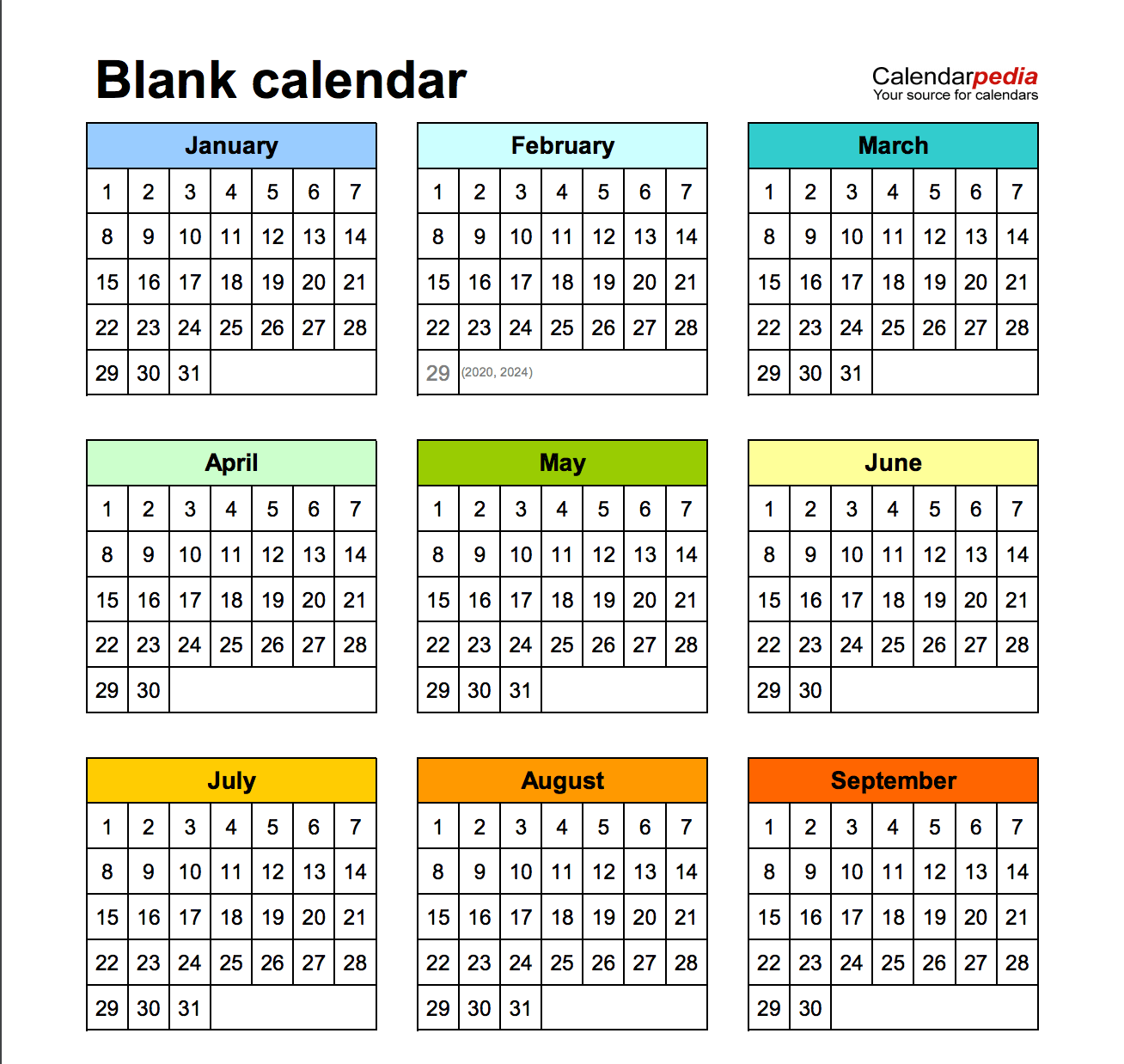 Printable blank calendar templates for Word in 9 different layouts (free)